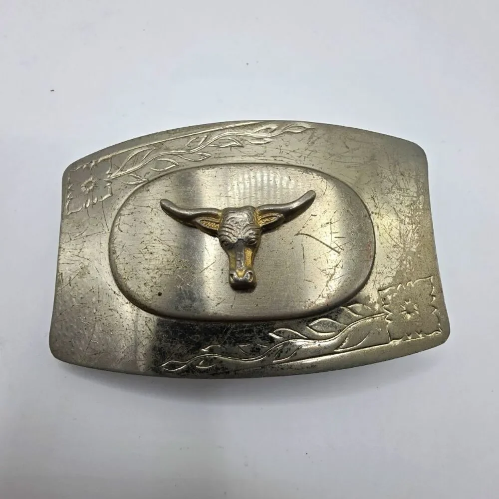 Vintage Western Longhorn Steer Head Belt Buckle Silver Tone Cowboy Floral